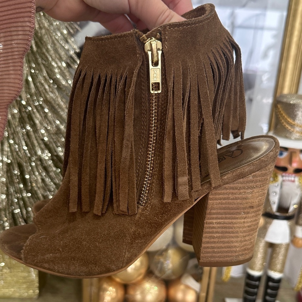 Carlos by Carlos Santana Brown Suede Fringe Open-Toe Heeled Boots - Picture 7 of 9